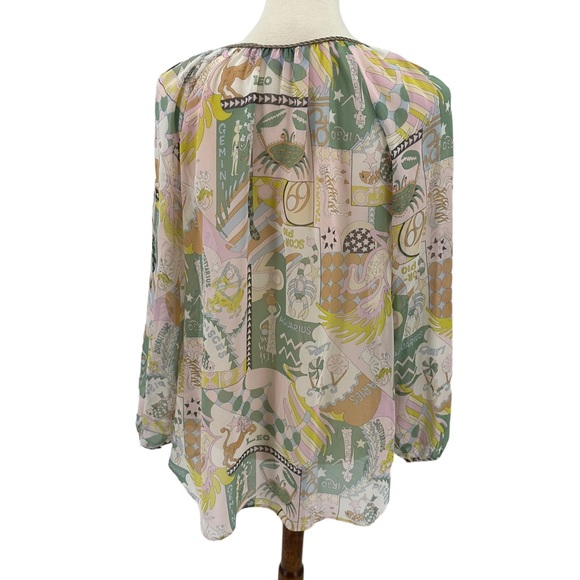 Y2K Calypso St. Barth Silk Zodiac Long Sleeved Semi Sheer Top XS Travel Vacation - Picture 3 of 4